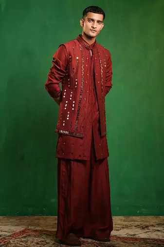 Deep maroon embroidered slub silk kurta jacket set