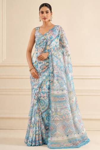 sky blue heavy silk blend mirror work saree