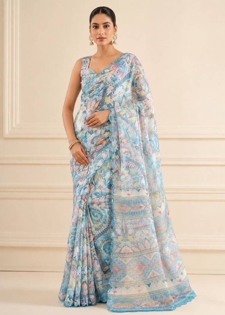 premium heavy chinon silk blend mirror work saree