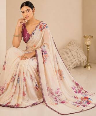 printed chinon silk blend mirror lace saree 4