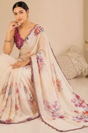 printed chinon silk blend mirror lace saree