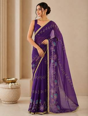 Heavy star georgette beads & lace work saree 1