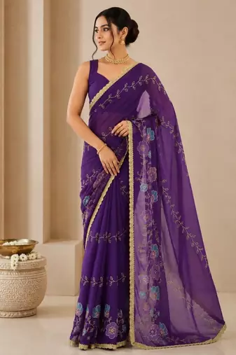 Heavy star georgette beads & lace work saree