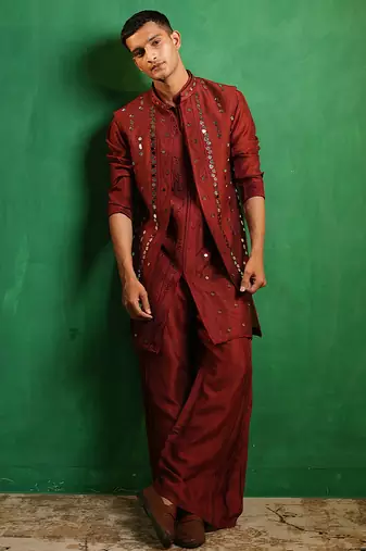 Deep maroon embroidered slub silk kurta jacket set