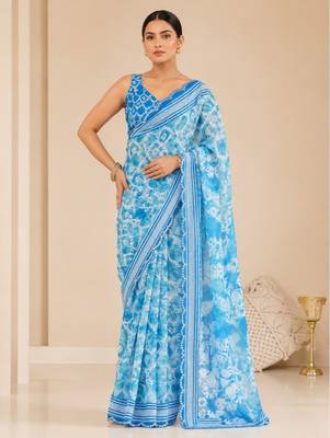 printed chinon silk blend mirror lace saree 1
