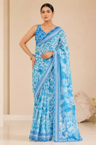 printed chinon silk blend mirror lace saree