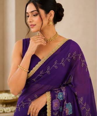 Heavy star georgette beads & lace work saree 2