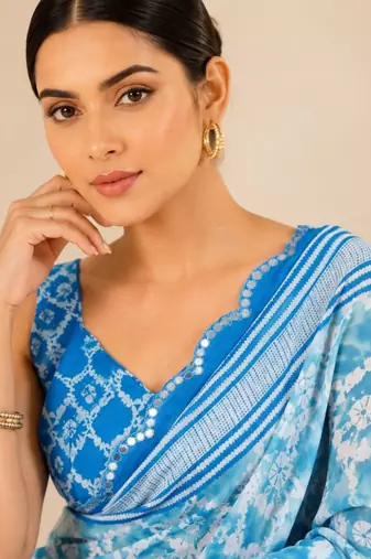 printed chinon silk blend mirror lace saree