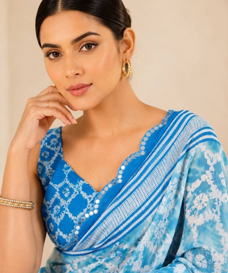 printed chinon silk blend mirror lace saree