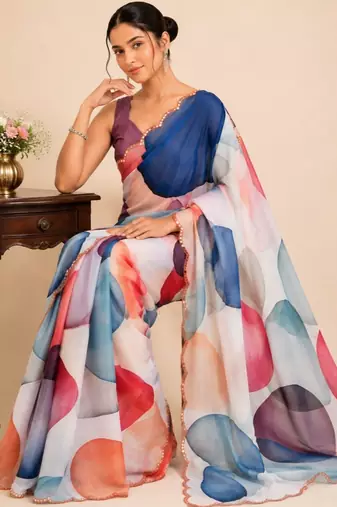 premium heavy chinon silk blend mirror work saree