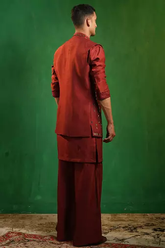 Deep maroon embroidered slub silk kurta jacket set