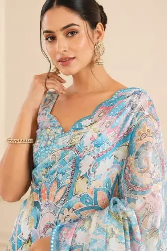 premium heavy chinon silk blend mirror work saree