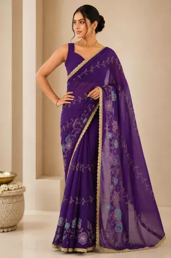 Heavy star georgette beads & lace work saree