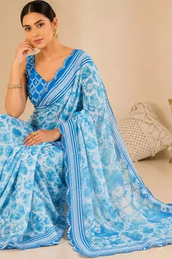 printed chinon silk blend mirror lace saree