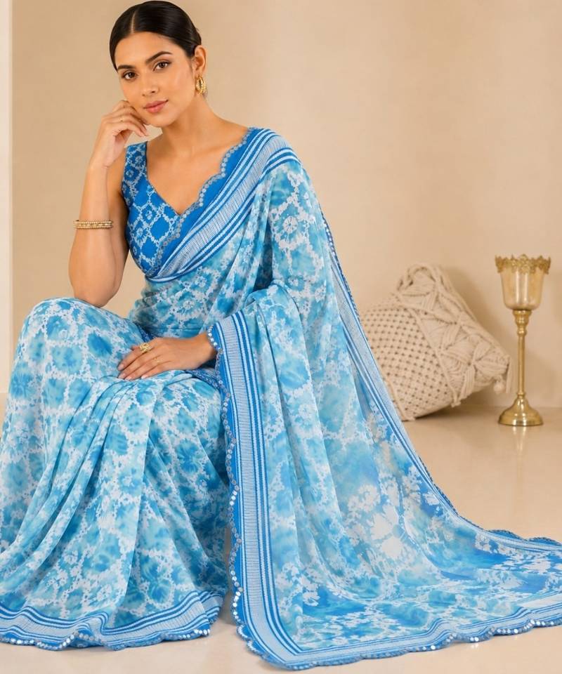 printed chinon silk blend mirror lace saree