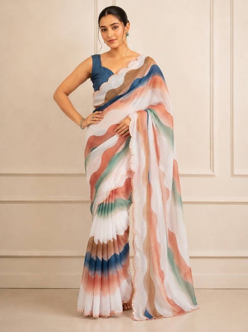 premium heavy chinon silk blend mirror work saree