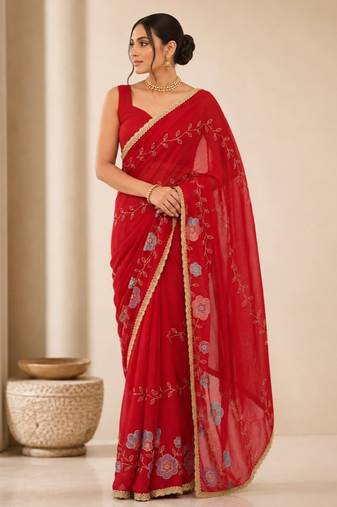 Heavy star georgette beads & lace work saree
