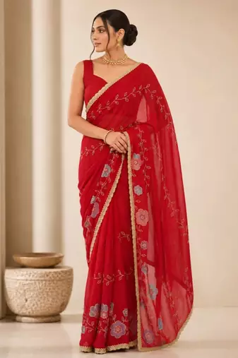 Heavy star georgette beads & lace work saree