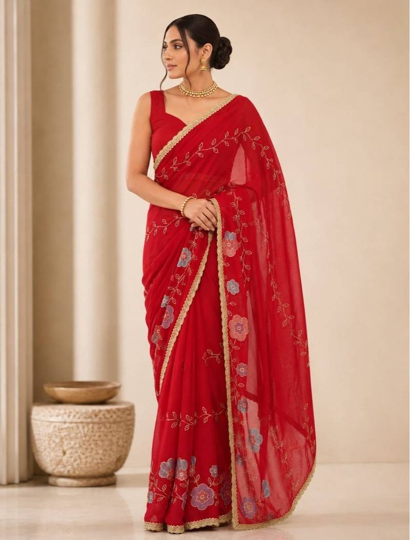 Heavy star georgette beads & lace work saree