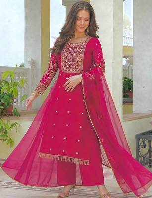 rani pink color fancy beads and embroidery and sequence work and ready maid lace border silk blend kurti set 1