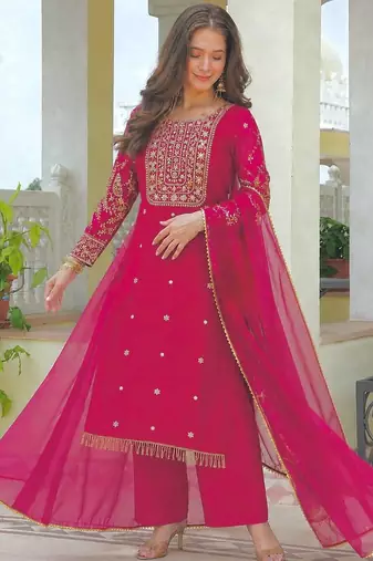 rani pink color fancy beads and embroidery and sequence work and ready maid lace border silk blend kurti set