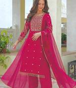 rani pink color fancy beads and embroidery and sequence work and ready maid lace border silk blend kurti set