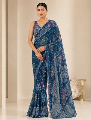 printed chinon silk blend mirror lace saree 1