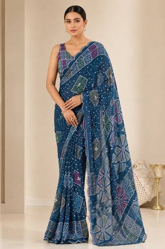 navy blue printed silk blend mirror lace saree