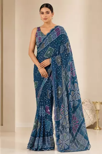 printed chinon silk blend mirror lace saree
