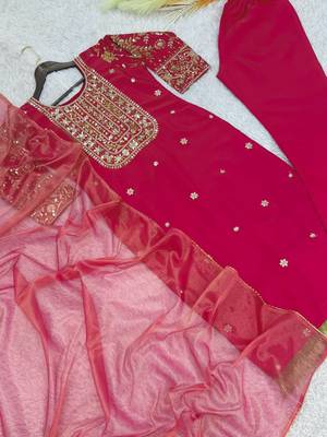 rani pink color fancy beads and embroidery and sequence work and ready maid lace border silk blend kurti set 2
