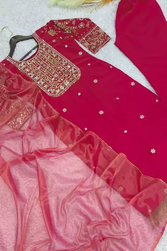 rani pink color fancy beads and embroidery and sequence work and ready maid lace border silk blend kurti set