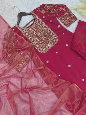 rani pink color fancy beads and embroidery and sequence work and ready maid lace border silk blend kurti set 3