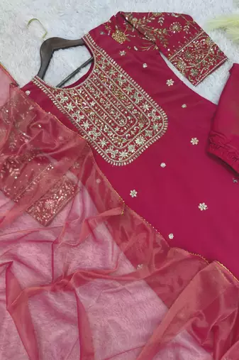 rani pink color fancy beads and embroidery and sequence work and ready maid lace border silk blend kurti set