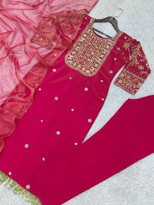 rani pink color fancy beads and embroidery and sequence work and ready maid lace border silk blend kurti set 4