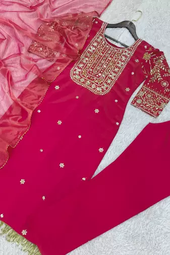 rani pink color fancy beads and embroidery and sequence work and ready maid lace border silk blend kurti set