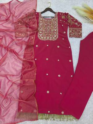 rani pink color fancy beads and embroidery and sequence work and ready maid lace border silk blend kurti set 5