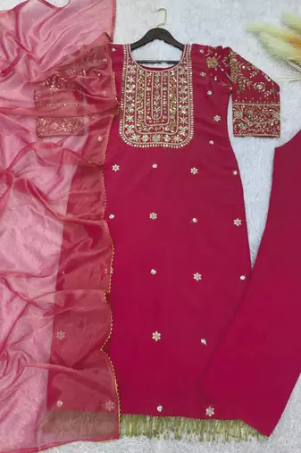 rani pink color fancy beads and embroidery and sequence work and ready maid lace border silk blend kurti set