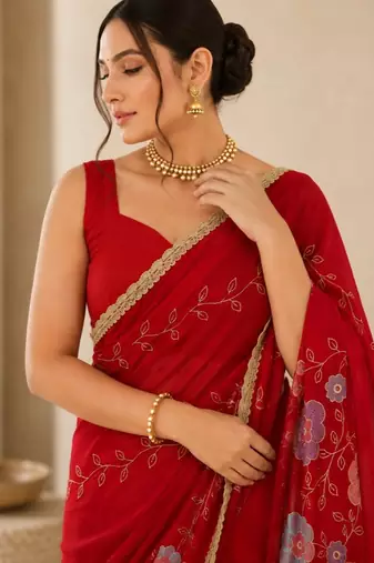 Heavy star georgette beads & lace work saree