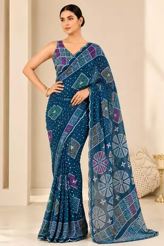 printed chinon silk blend mirror lace saree
