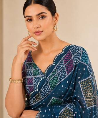 printed chinon silk blend mirror lace saree 3