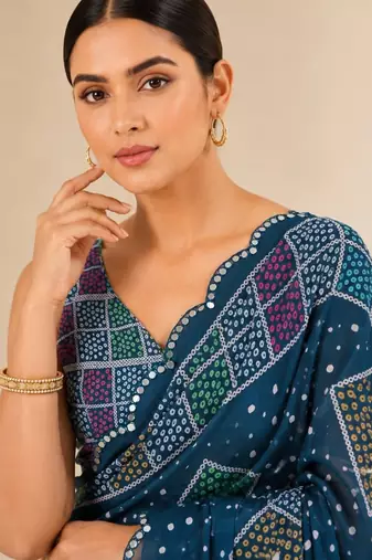 printed chinon silk blend mirror lace saree