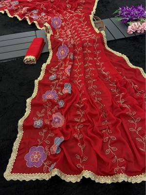 Heavy star georgette beads & lace work saree 4