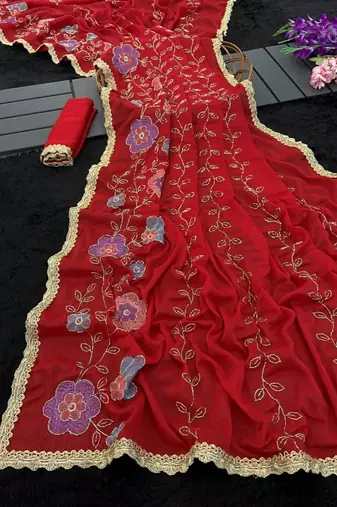 Heavy star georgette beads & lace work saree