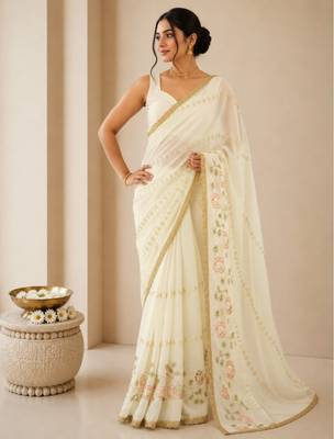 Heavy star georgette beads & lace work saree 1