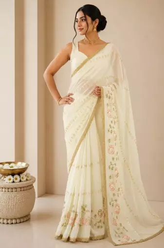 Heavy star georgette beads & lace work saree