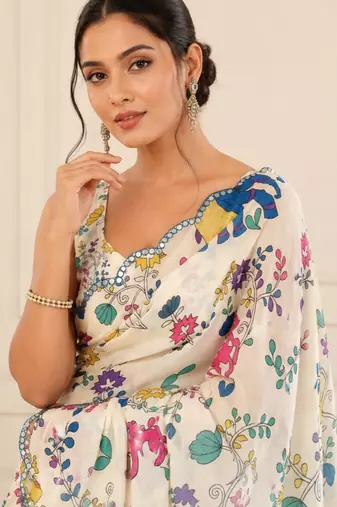 premium heavy chinon silk blend mirror work saree