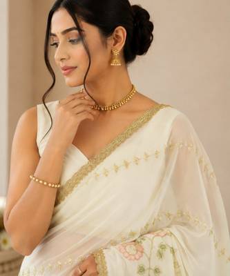 Heavy star georgette beads & lace work saree 2