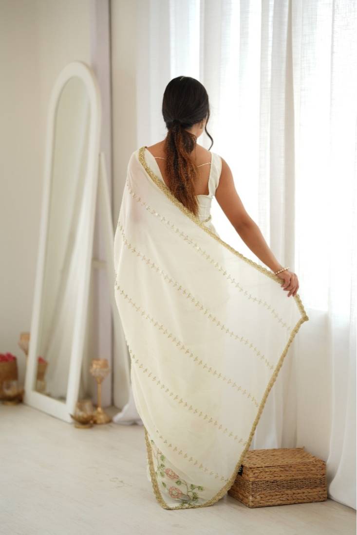 Heavy star georgette beads & lace work saree
