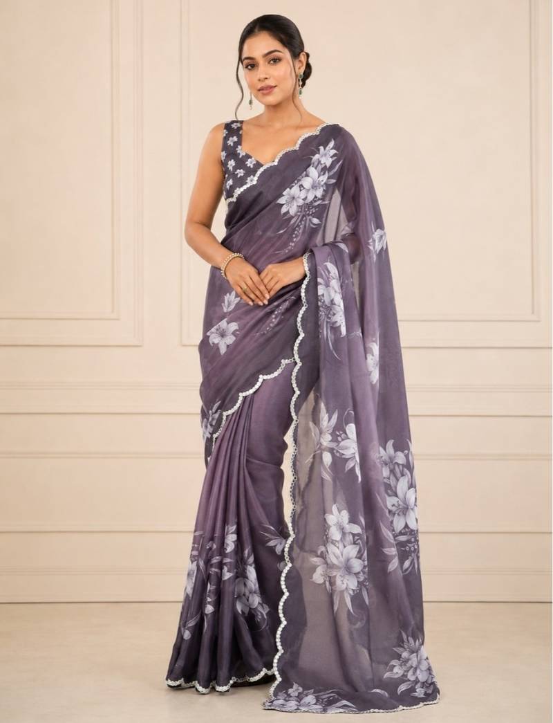 premium heavy chinon silk blend mirror work saree