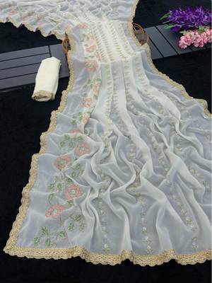 Heavy star georgette beads & lace work saree 4